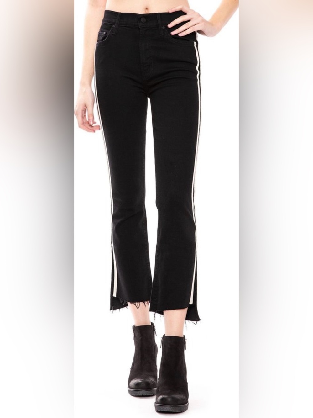 MOTHER NWT Insider Crop Step Fray Striped Crop Flare Jeans in Black & White Wais